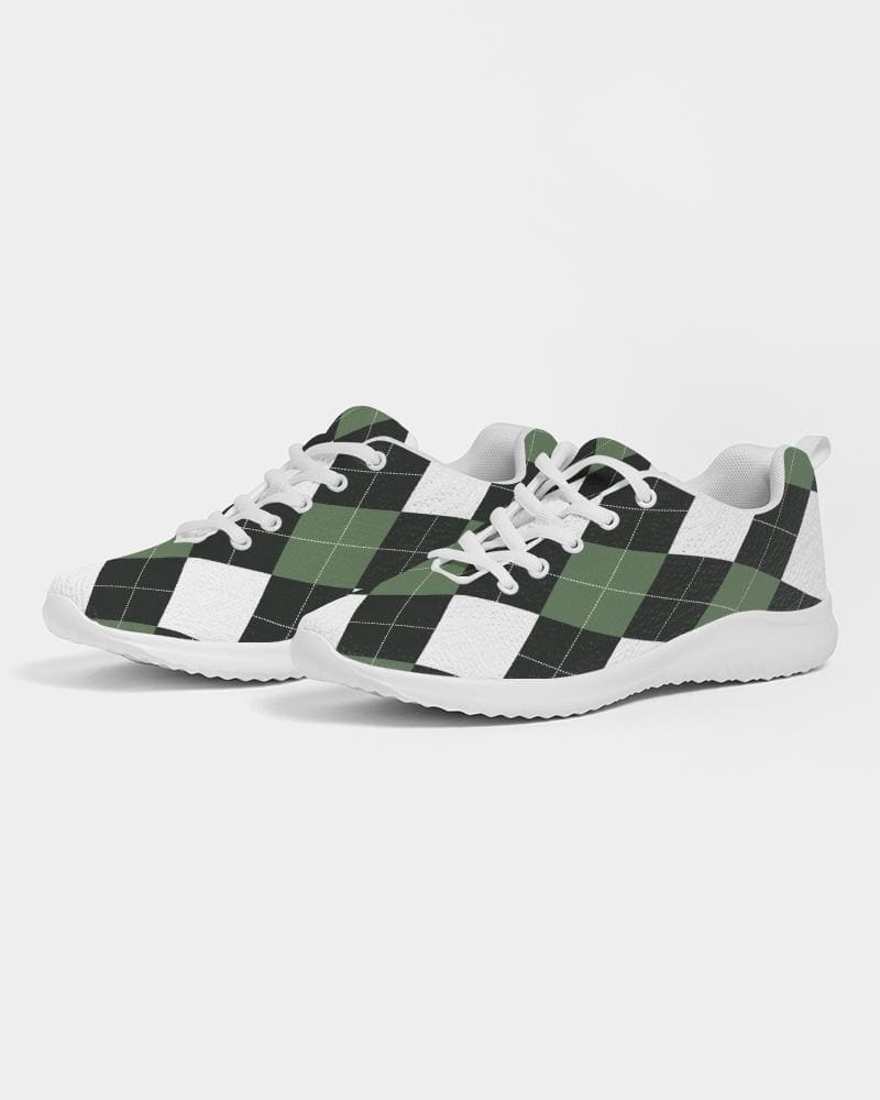 A pair of women's sneakers featuring a green and white plaid design, showcasing a lace-up front and padded collar for comfort.