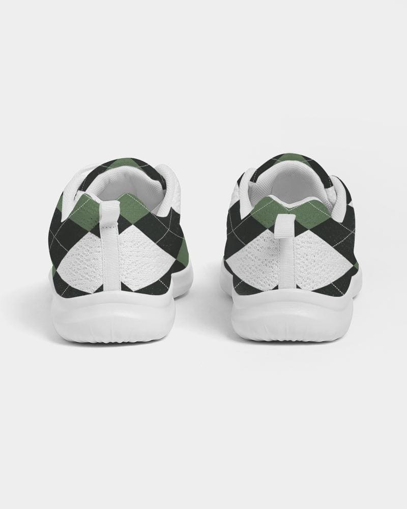 A pair of women's sneakers featuring a green and white plaid design, showcasing a lace-up front and padded collar for comfort.