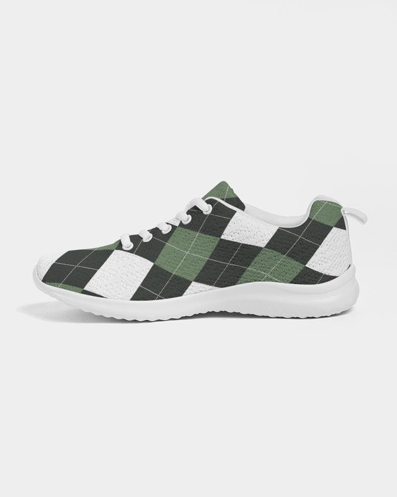 A pair of women's sneakers featuring a green and white plaid design, showcasing a lace-up front and padded collar for comfort.