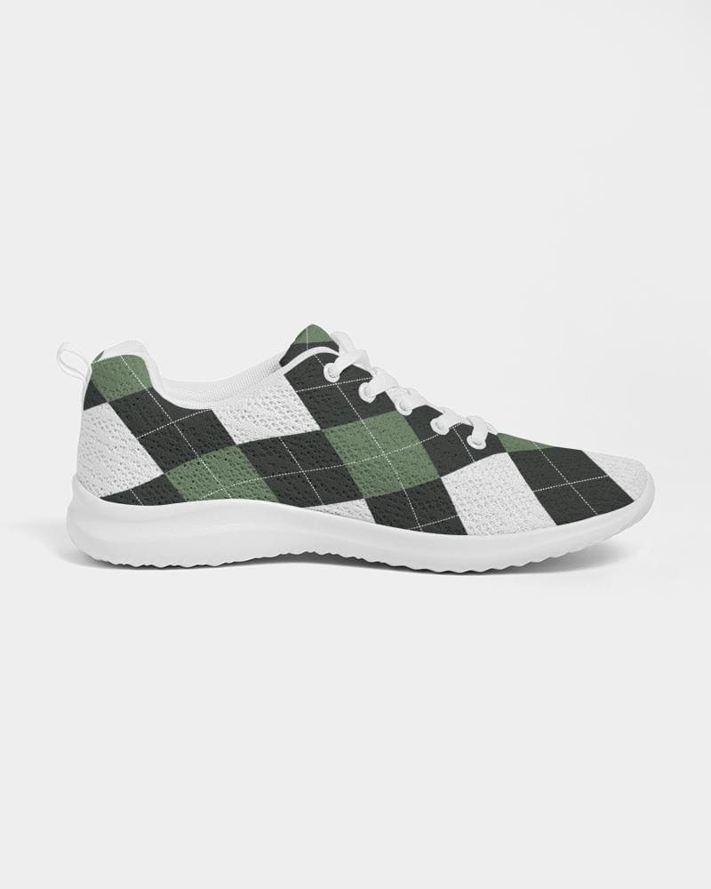 A pair of women's sneakers featuring a green and white plaid design, showcasing a lace-up front and padded collar for comfort.