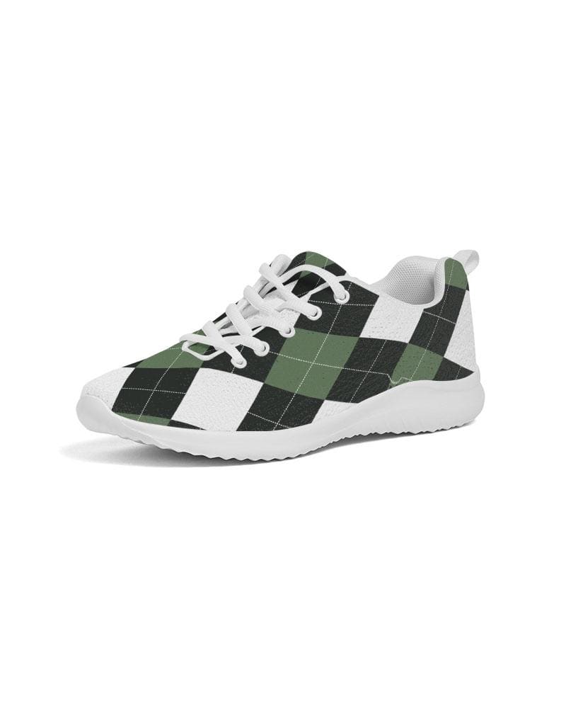 A pair of women's sneakers featuring a green and white plaid design, showcasing a lace-up front and padded collar for comfort.