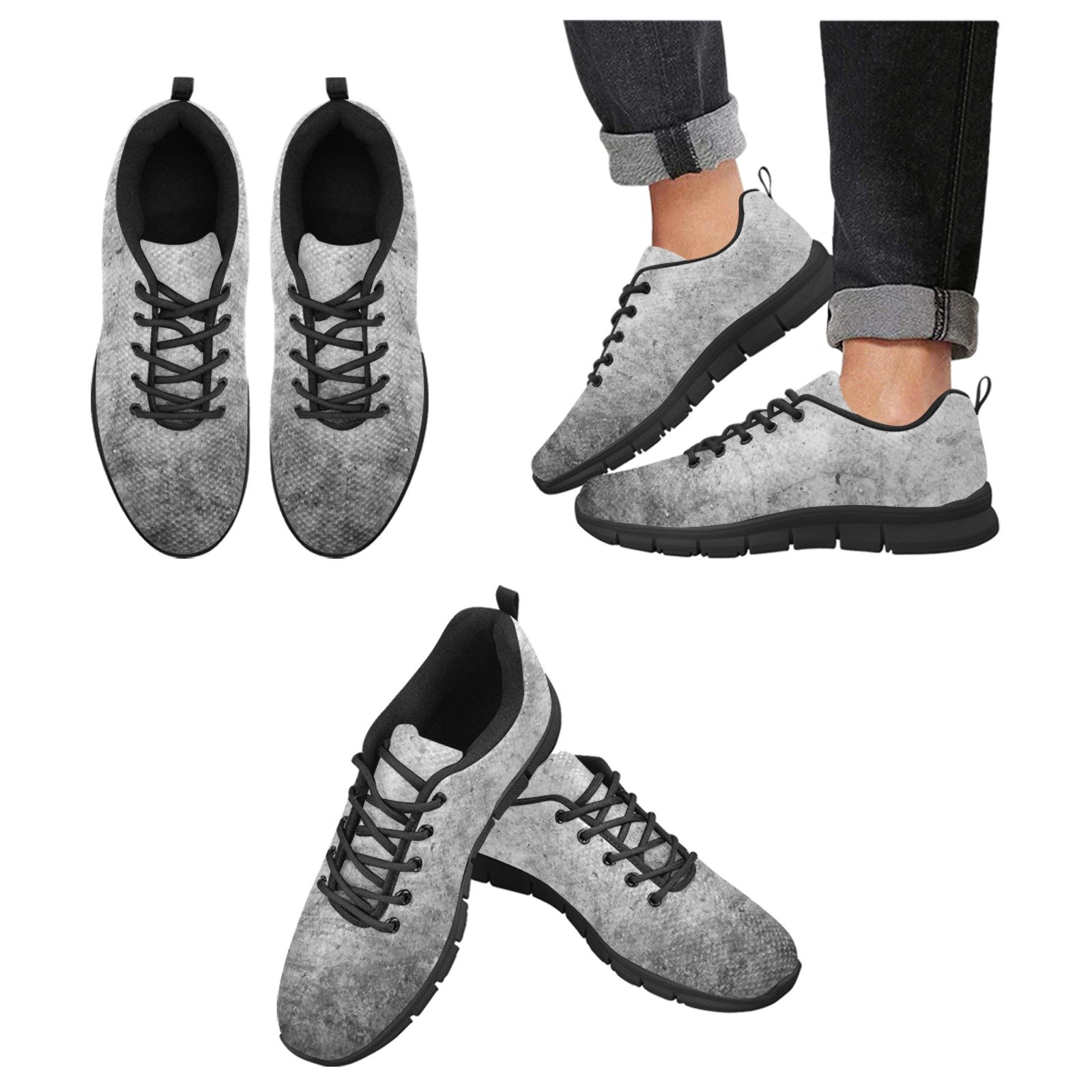 A pair of grey and black women's running sneakers featuring breathable mesh fabric and a non-slip outsole, ideal for workouts and casual wear.