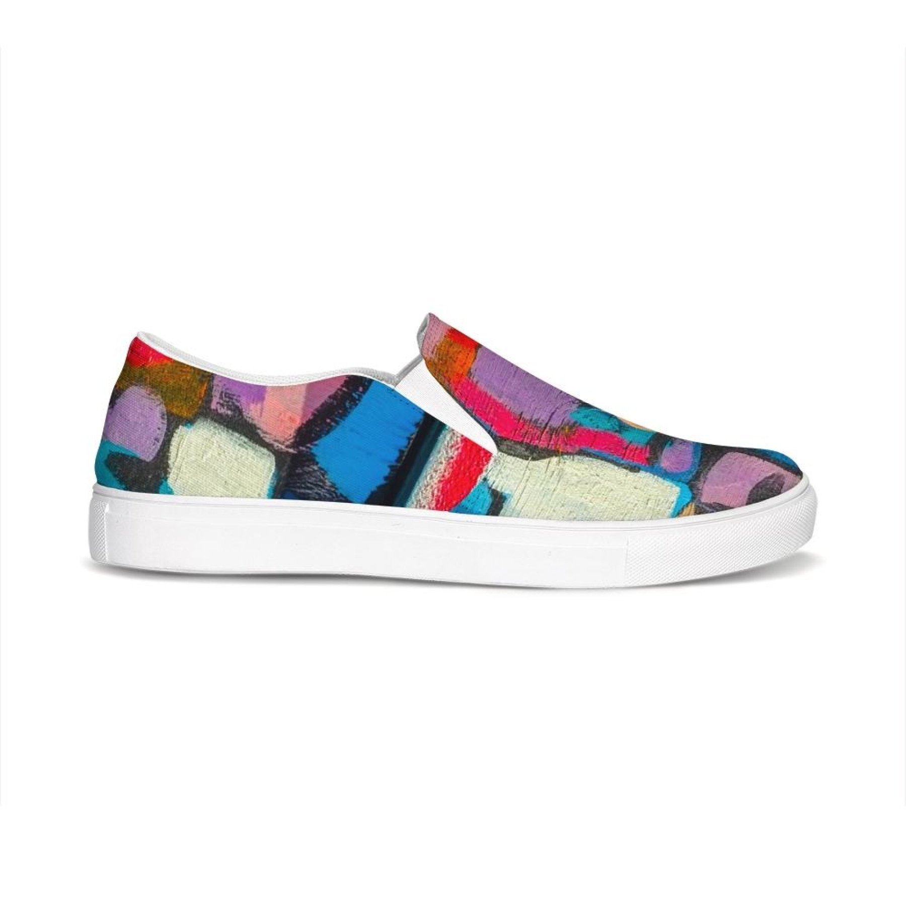 Multicolor geometric style Womens Sneakers, low top slip-on canvas with elastic side accents and padded collar.