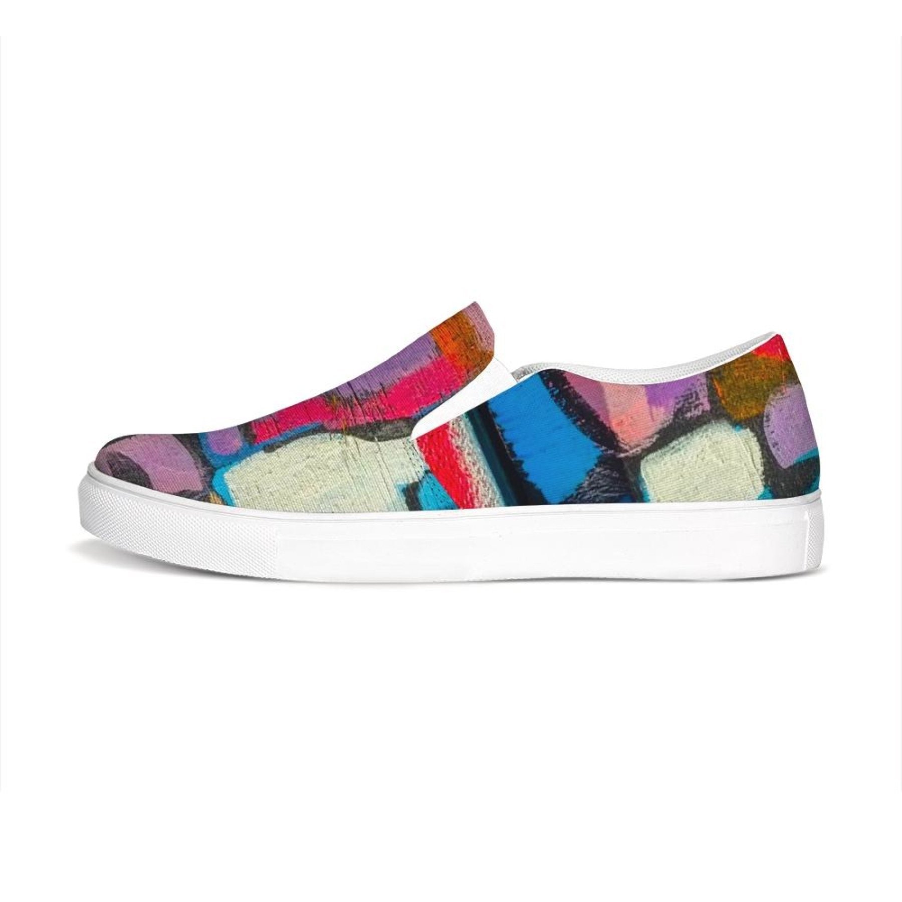 Multicolor geometric style Womens Sneakers, low top slip-on canvas with elastic side accents and padded collar.