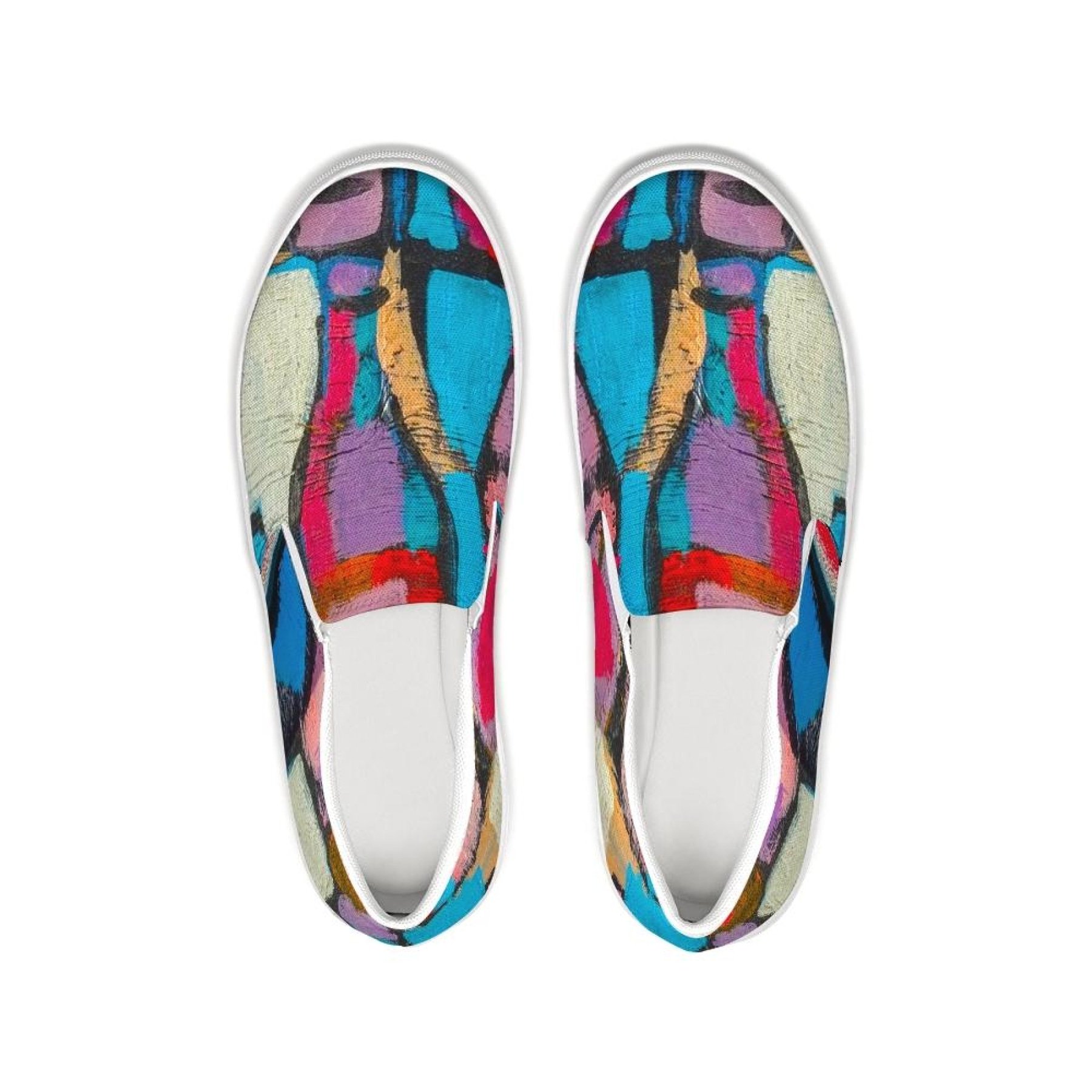 Multicolor geometric style Womens Sneakers, low top slip-on canvas with elastic side accents and padded collar.