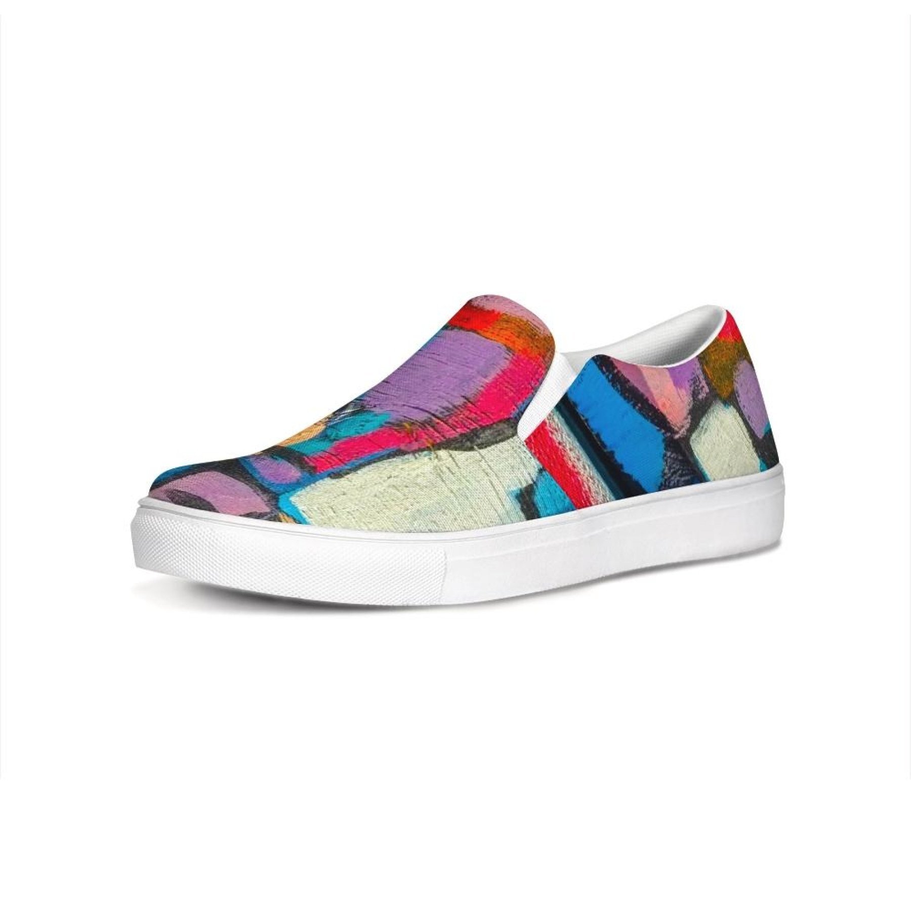 Multicolor geometric style Womens Sneakers, low top slip-on canvas with elastic side accents and padded collar.