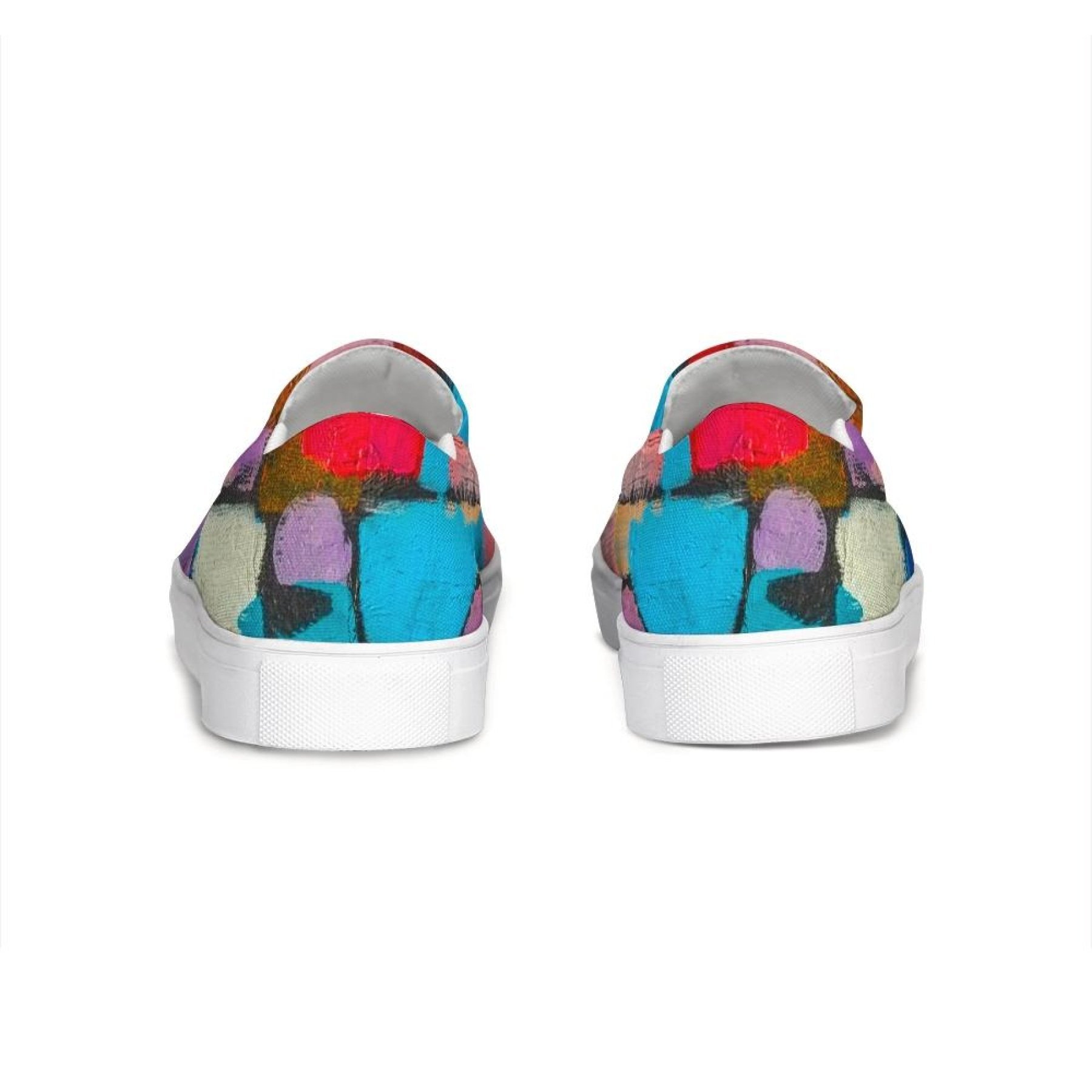 Multicolor geometric style Womens Sneakers, low top slip-on canvas with elastic side accents and padded collar.