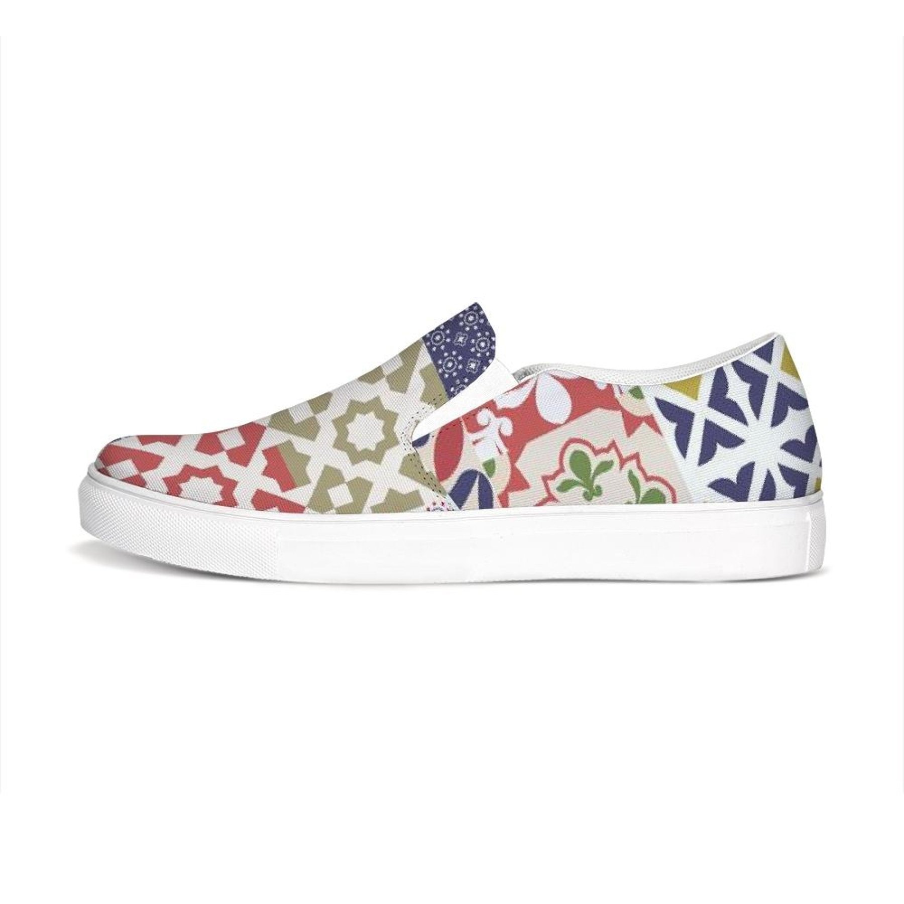 A pair of women's multicolor patch style low top slip-on canvas sneakers, showcasing vibrant colors and a stylish design.