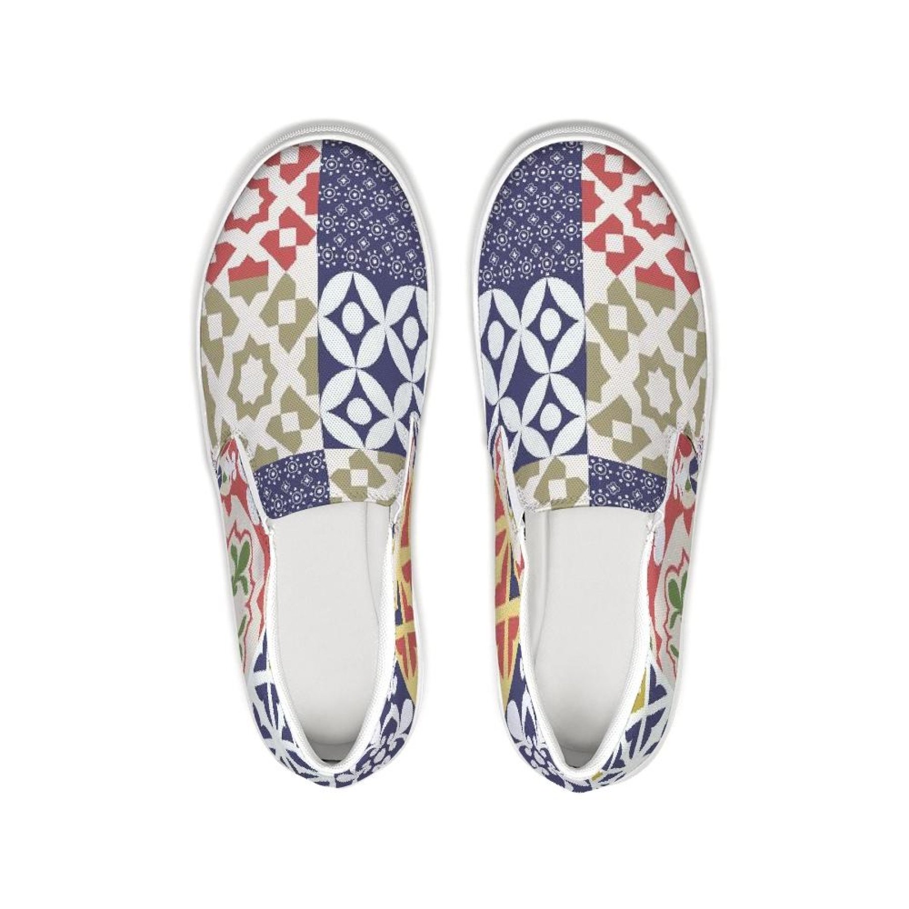 A pair of women's multicolor patch style low top slip-on canvas sneakers, showcasing vibrant colors and a stylish design.