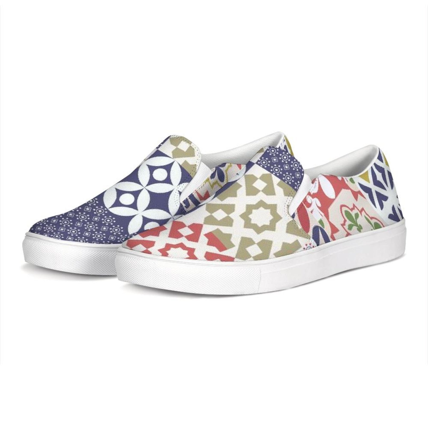 A pair of women's multicolor patch style low top slip-on canvas sneakers, showcasing vibrant colors and a stylish design.