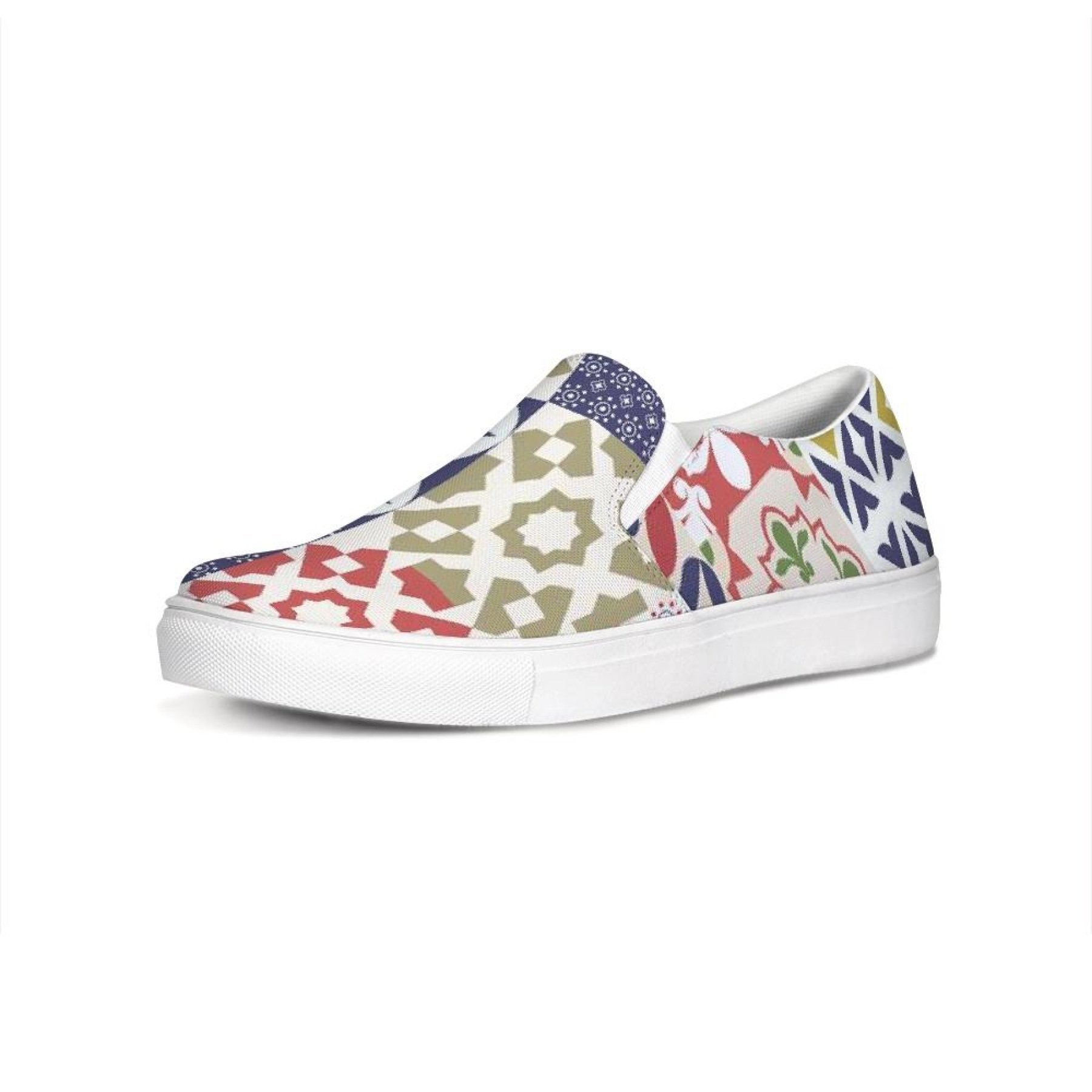 A pair of women's multicolor patch style low top slip-on canvas sneakers, showcasing vibrant colors and a stylish design.