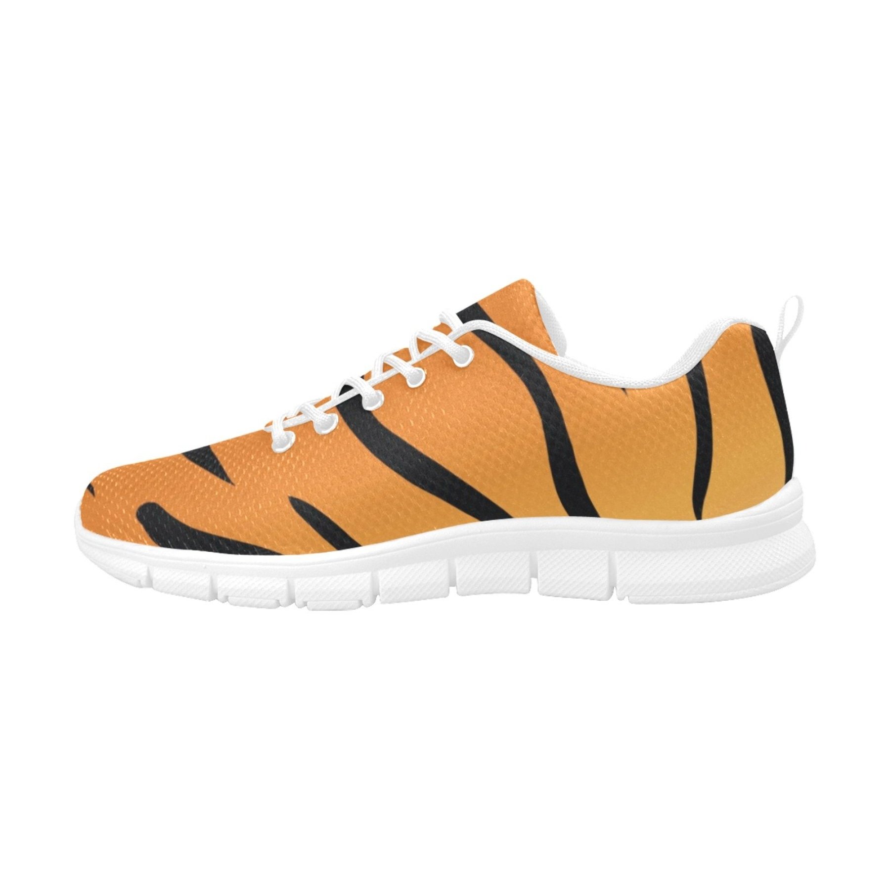 Women's orange and black tiger striped running shoes with breathable mesh and non-slip sole, perfect for workouts and casual wear.