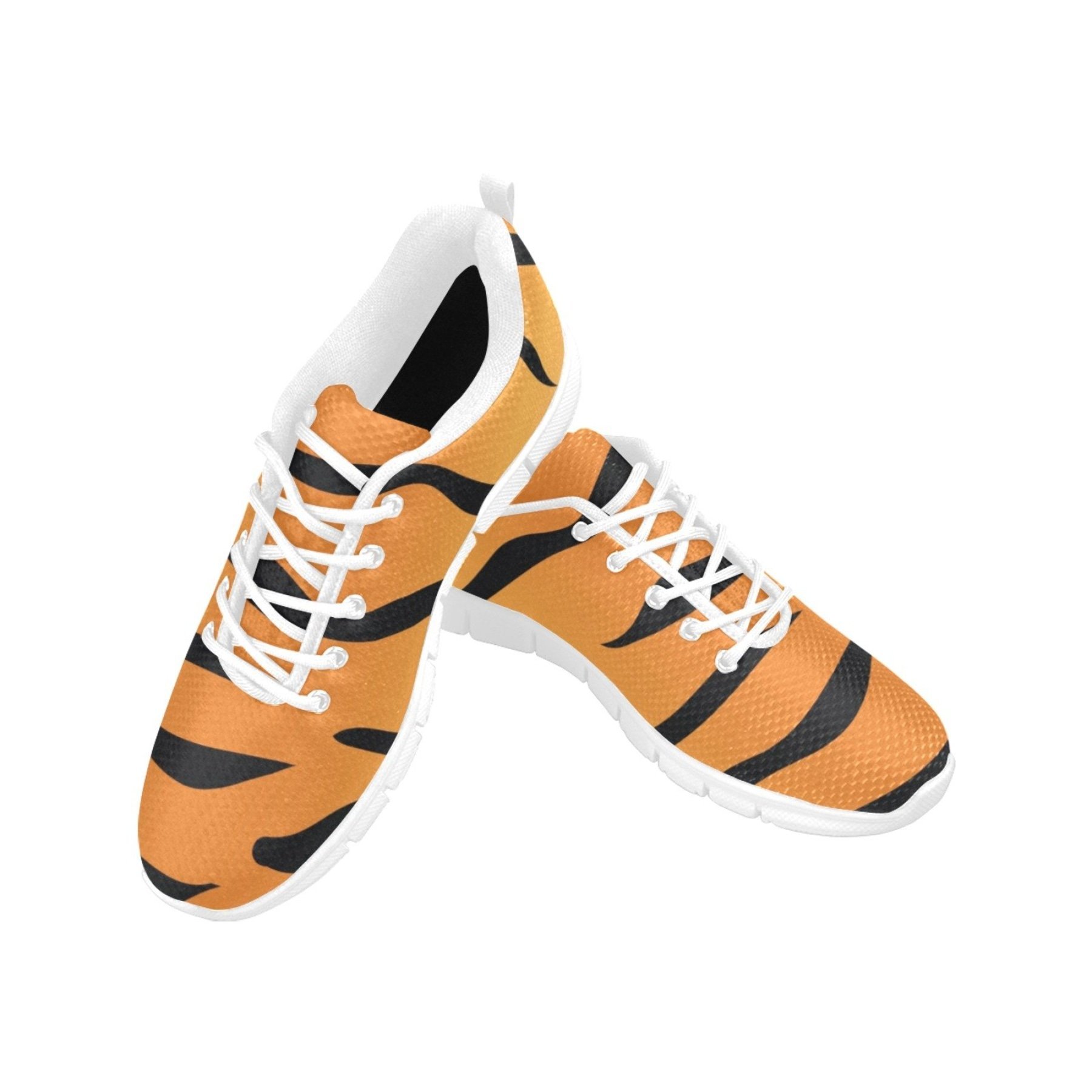 Women's orange and black tiger striped running shoes with breathable mesh and non-slip sole, perfect for workouts and casual wear.