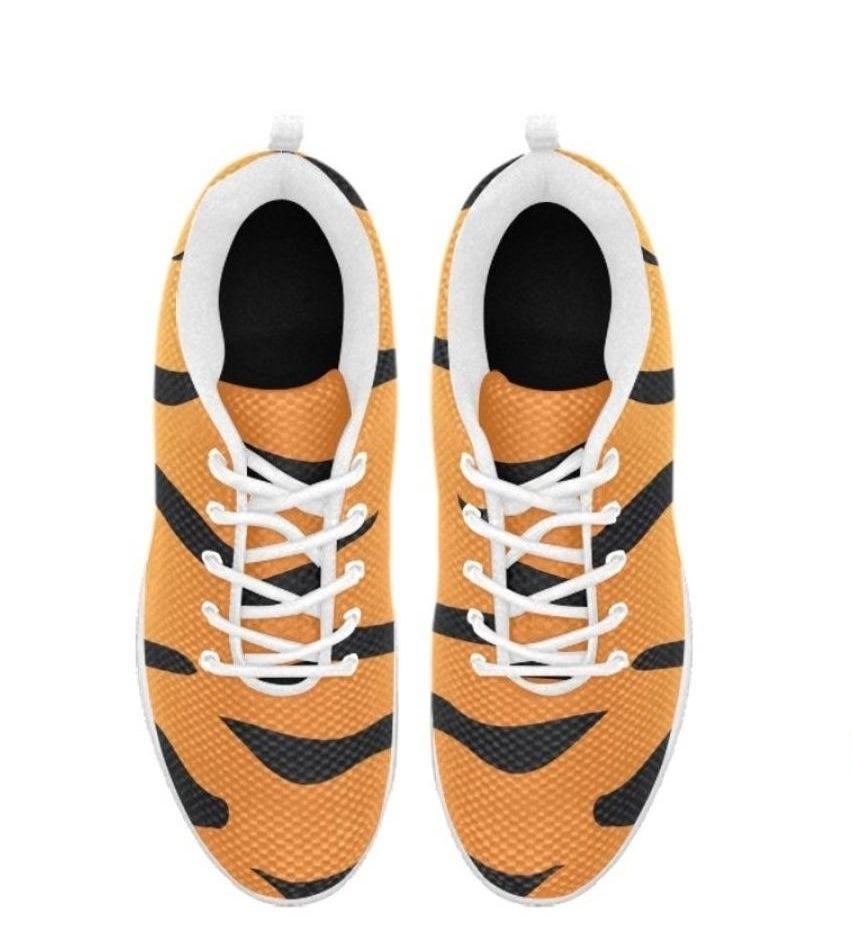 Women's orange and black tiger striped running shoes with breathable mesh and non-slip sole, perfect for workouts and casual wear.