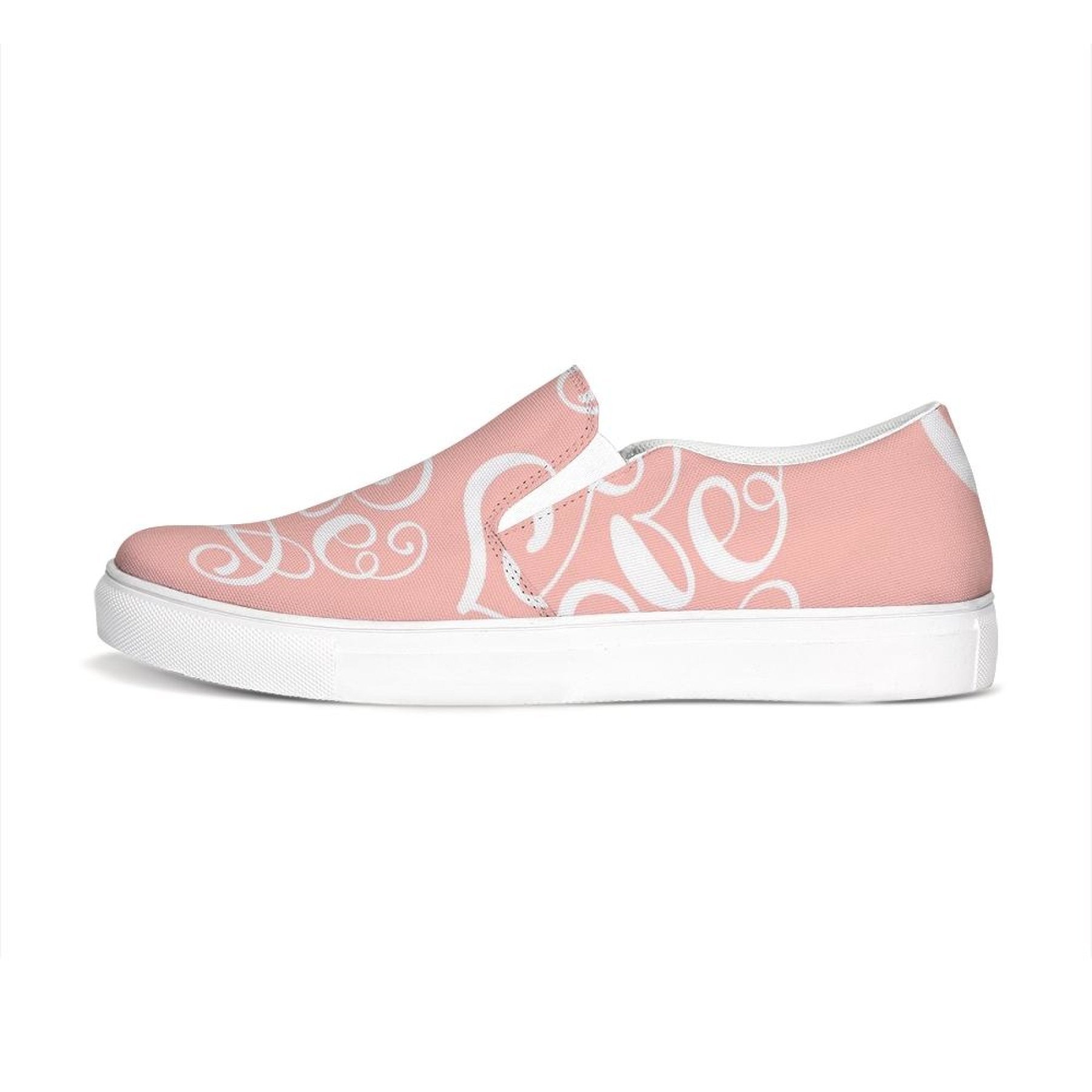 Women's pink and white love print low top slip-on canvas sneakers, showcasing a stylish design with elastic side accents and a padded collar.