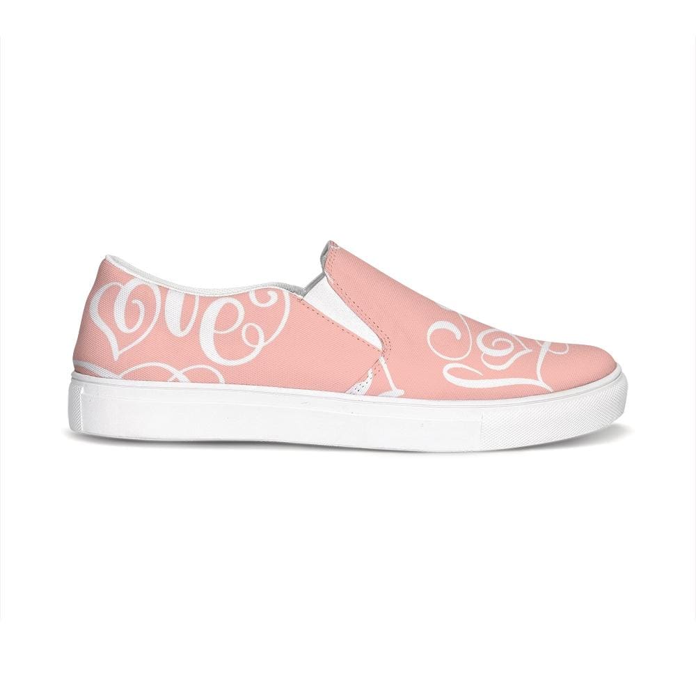 Women's pink and white love print low top slip-on canvas sneakers, showcasing a stylish design with elastic side accents and a padded collar.