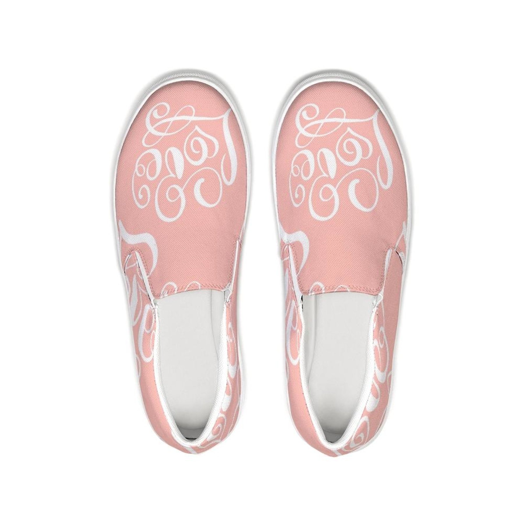 Women's pink and white love print low top slip-on canvas sneakers, showcasing a stylish design with elastic side accents and a padded collar.