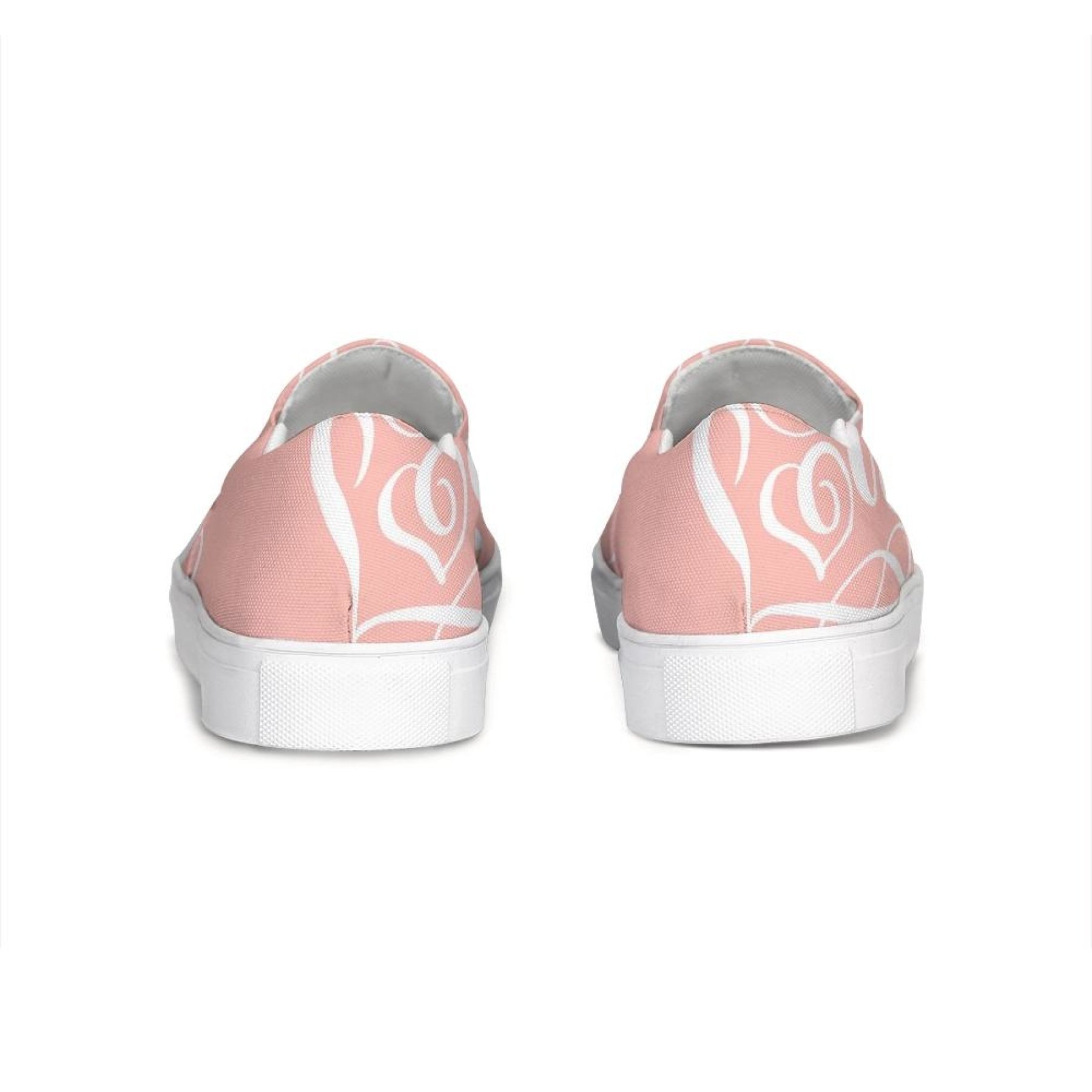 Women's pink and white love print low top slip-on canvas sneakers, showcasing a stylish design with elastic side accents and a padded collar.