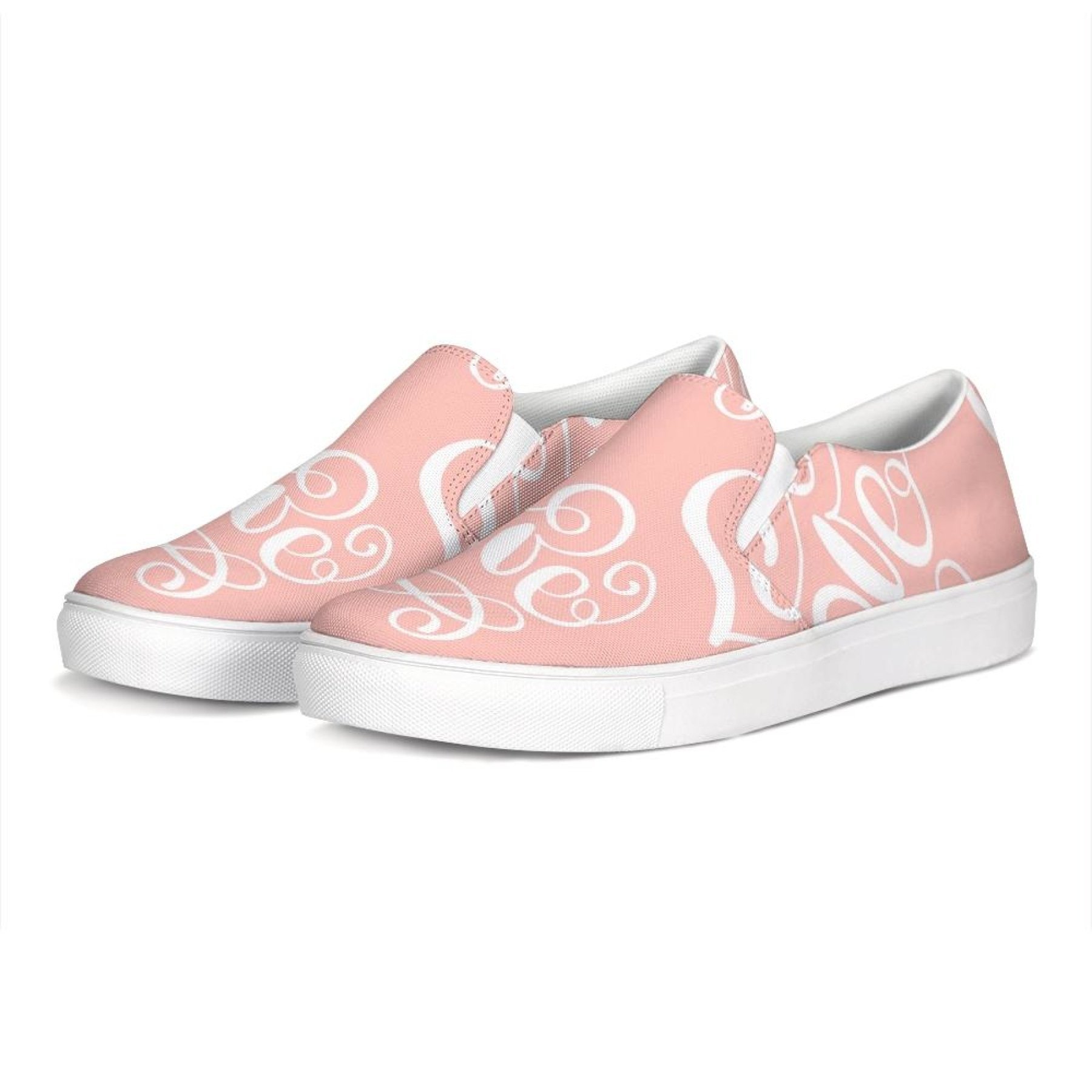 Women's pink and white love print low top slip-on canvas sneakers, showcasing a stylish design with elastic side accents and a padded collar.