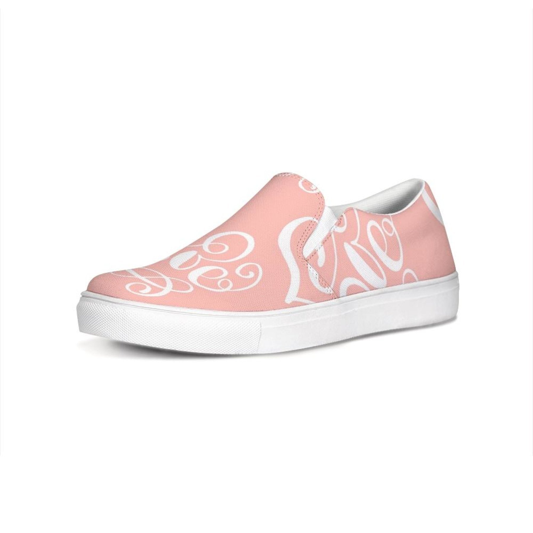 Women's pink and white love print low top slip-on canvas sneakers, showcasing a stylish design with elastic side accents and a padded collar.