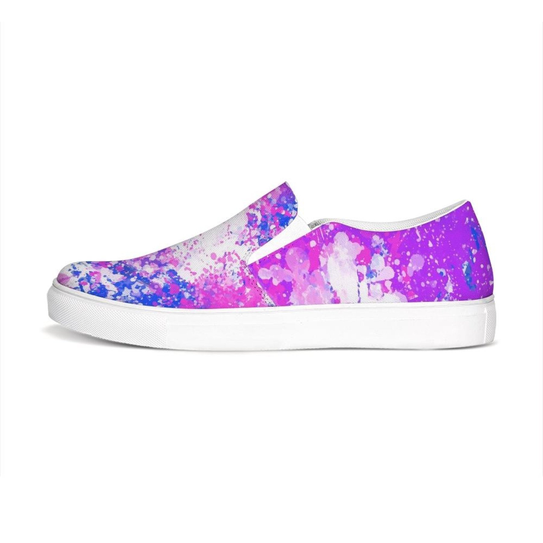 Women's purple tie-dye canvas sneakers with slip-on design, featuring elastic side accents and a rubber sole.