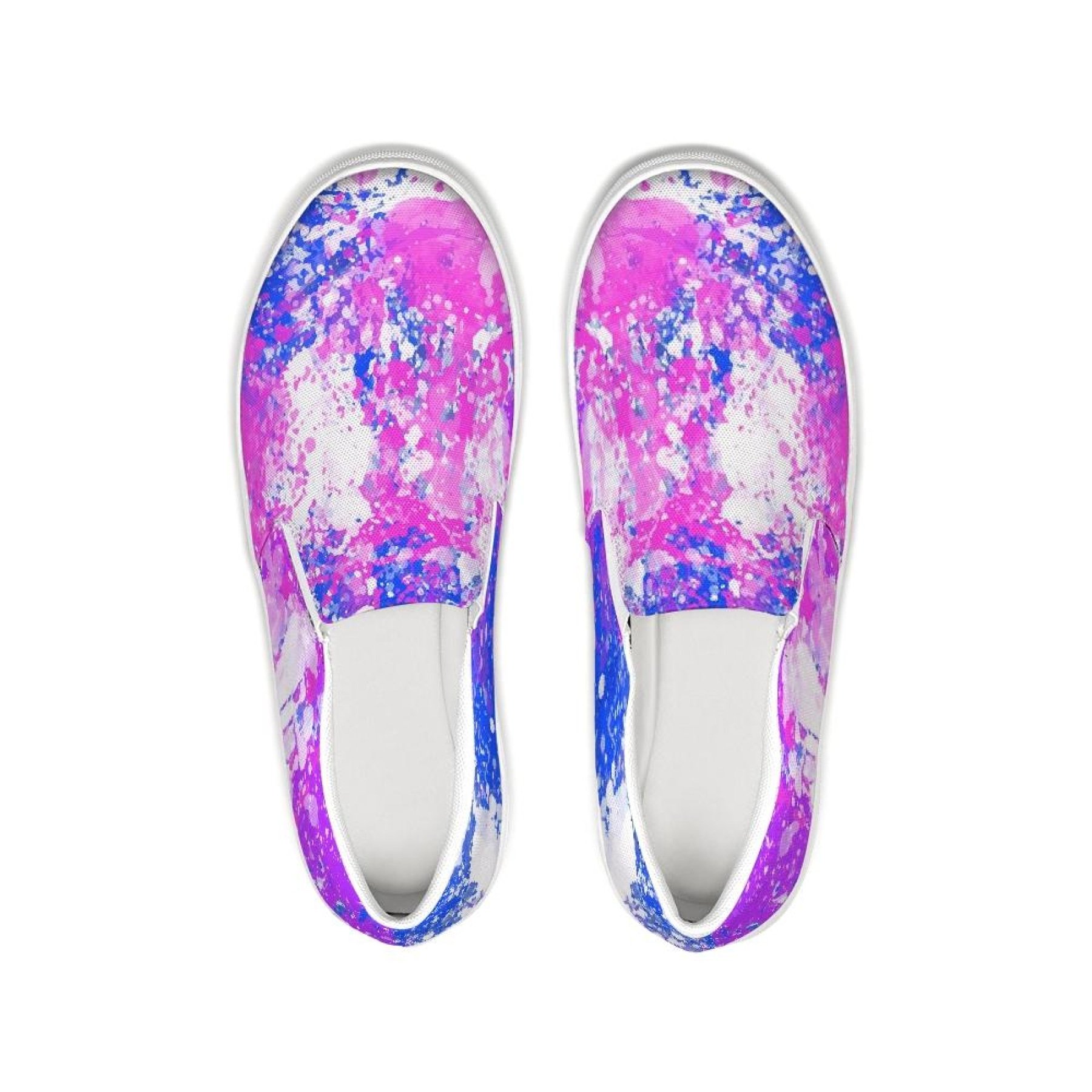 Women's purple tie-dye canvas sneakers with slip-on design, featuring elastic side accents and a rubber sole.