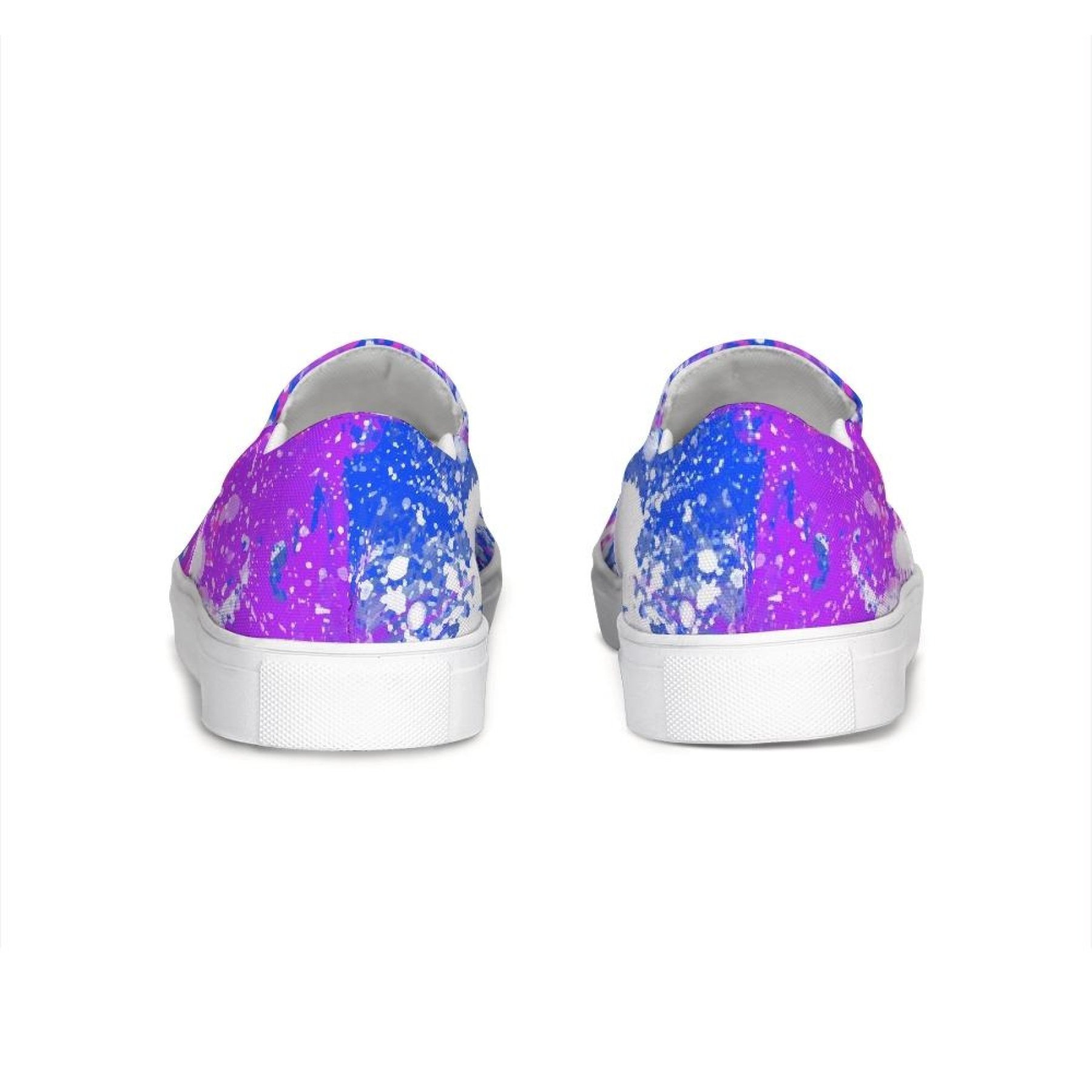 Women's purple tie-dye canvas sneakers with slip-on design, featuring elastic side accents and a rubber sole.