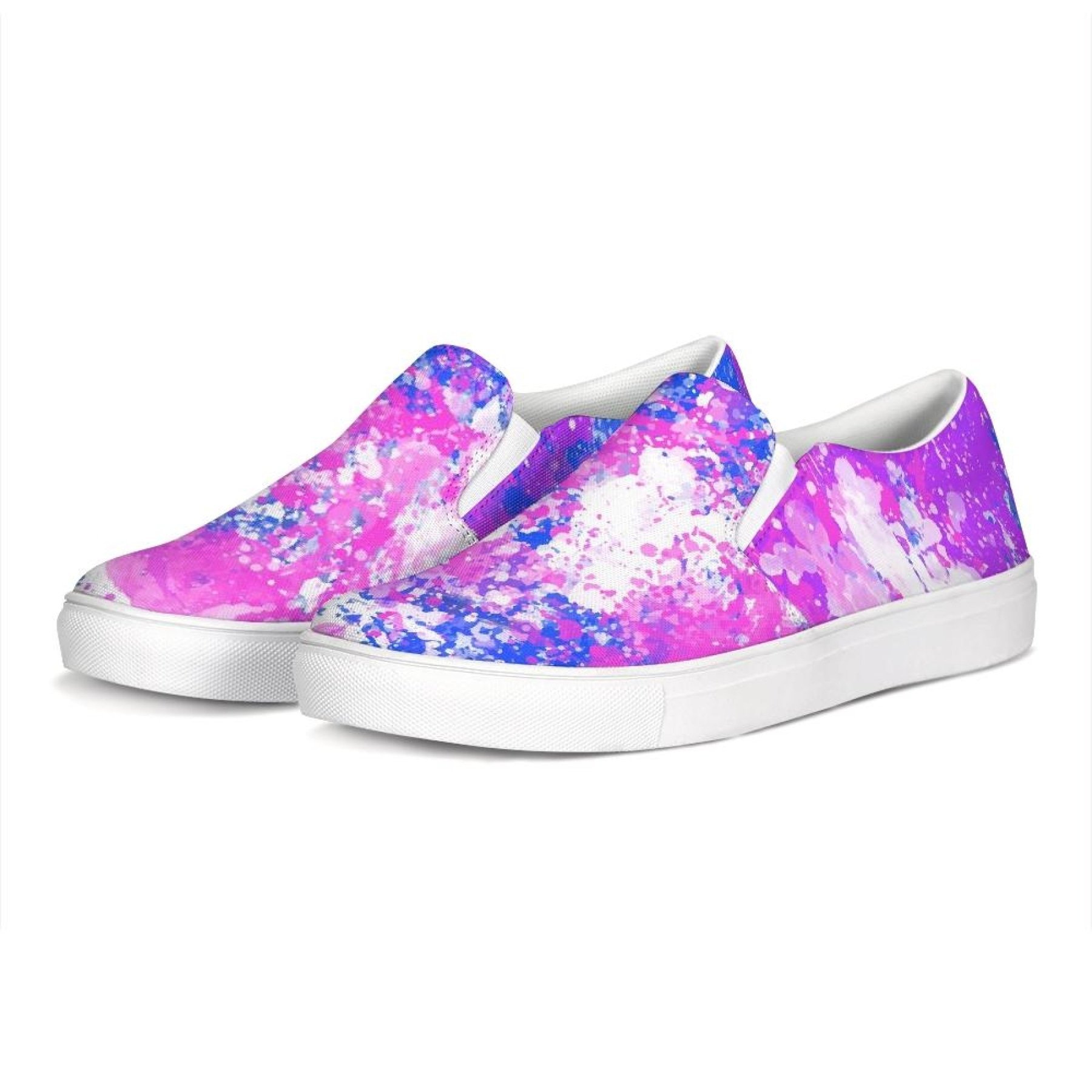 Women's purple tie-dye canvas sneakers with slip-on design, featuring elastic side accents and a rubber sole.