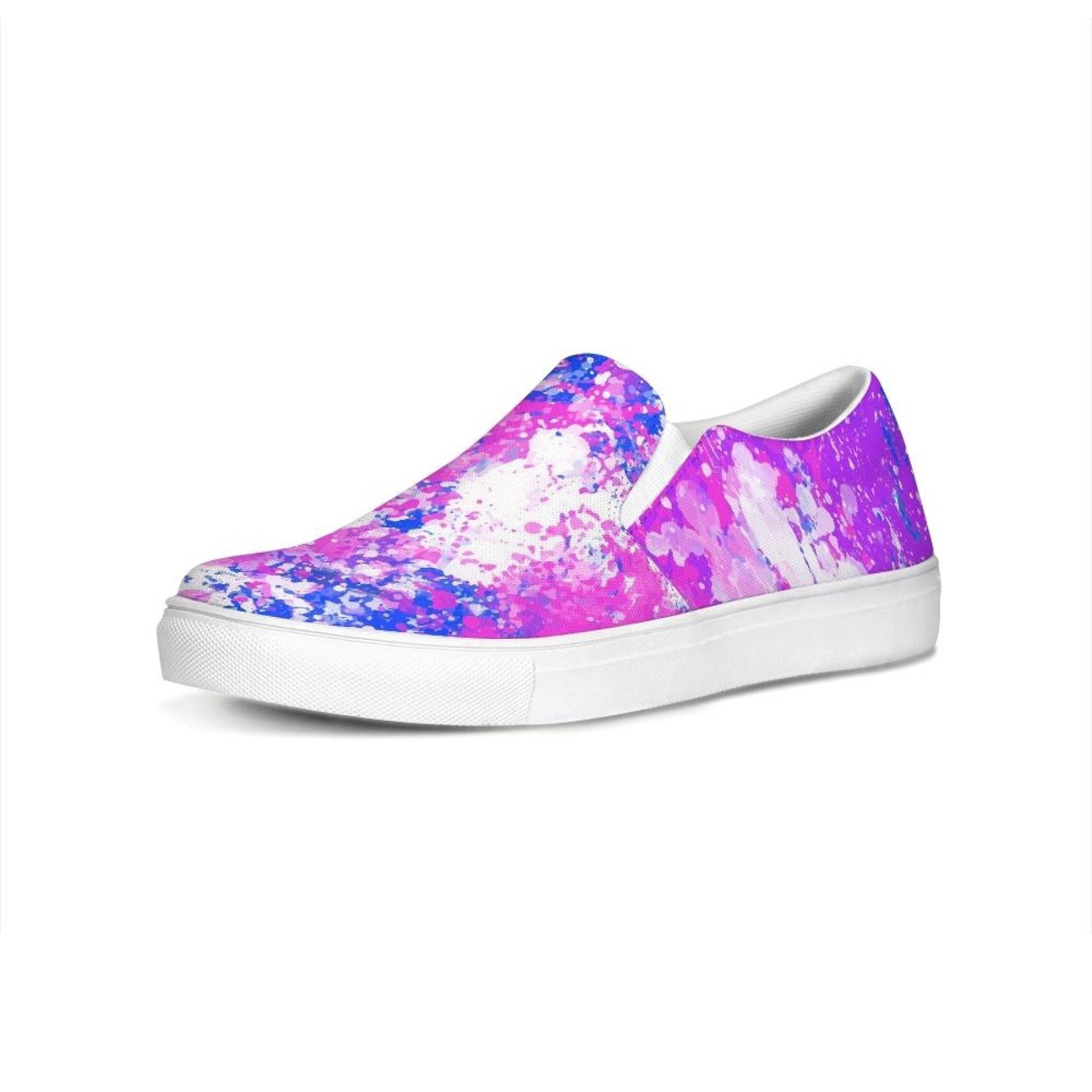 Women's purple tie-dye canvas sneakers with slip-on design, featuring elastic side accents and a rubber sole.