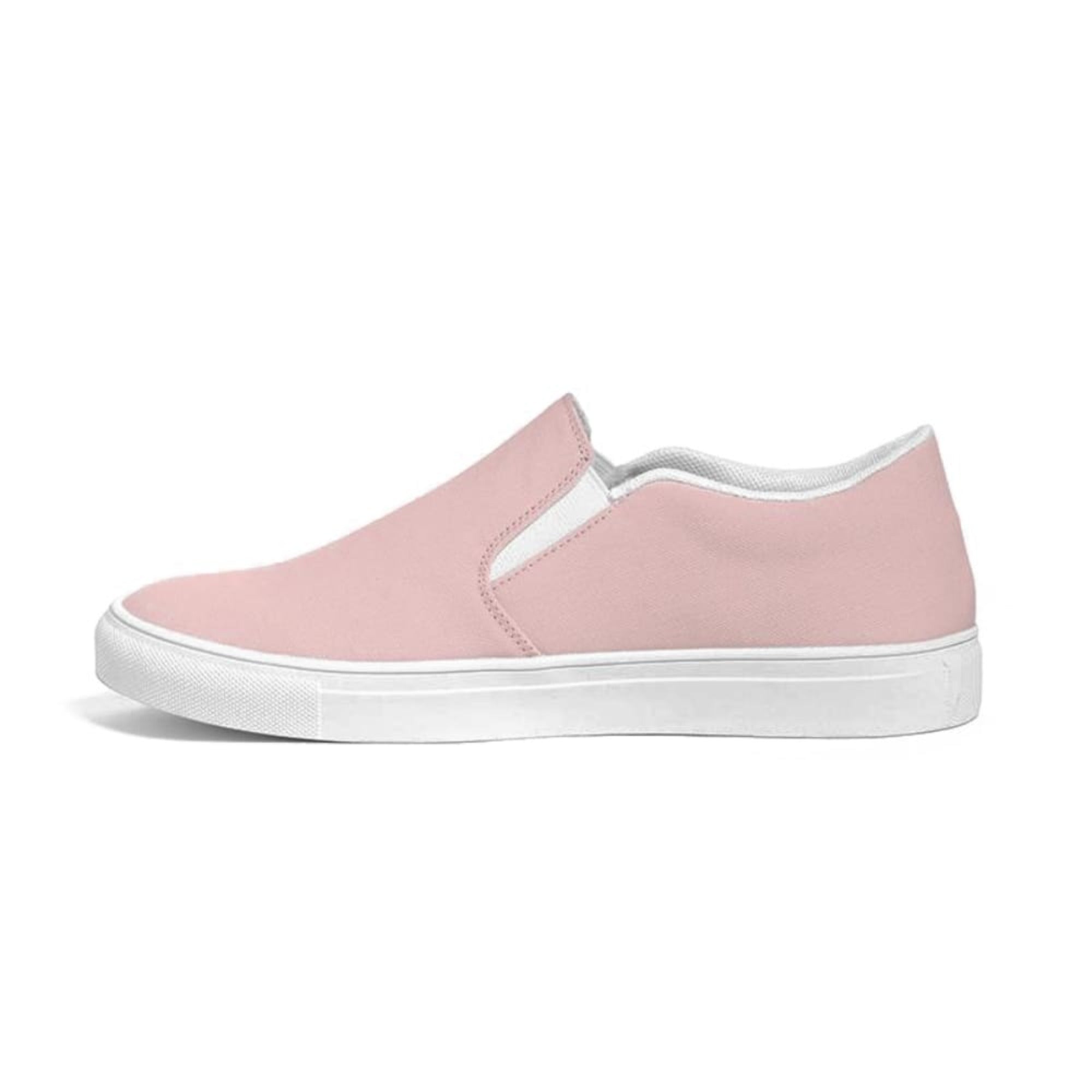 A pair of stylish women's slip-on canvas sports shoes in rose pink, featuring elastic side accents and a padded collar for comfort.