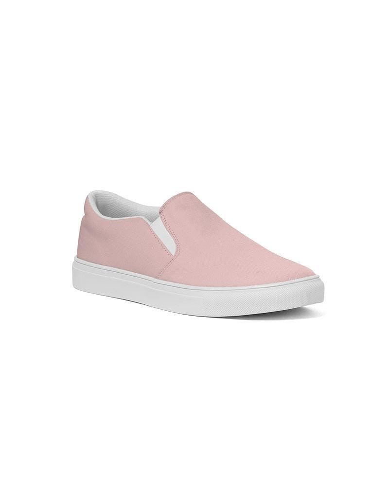 A pair of stylish women's slip-on canvas sports shoes in rose pink, featuring elastic side accents and a padded collar for comfort.