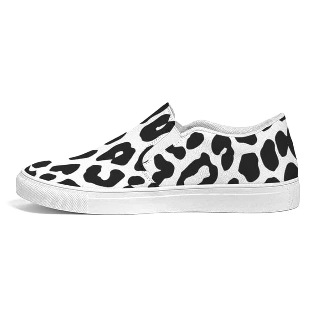 A pair of women's slip-on canvas sneakers featuring a stylish black and white leopard print design, perfect for casual wear.