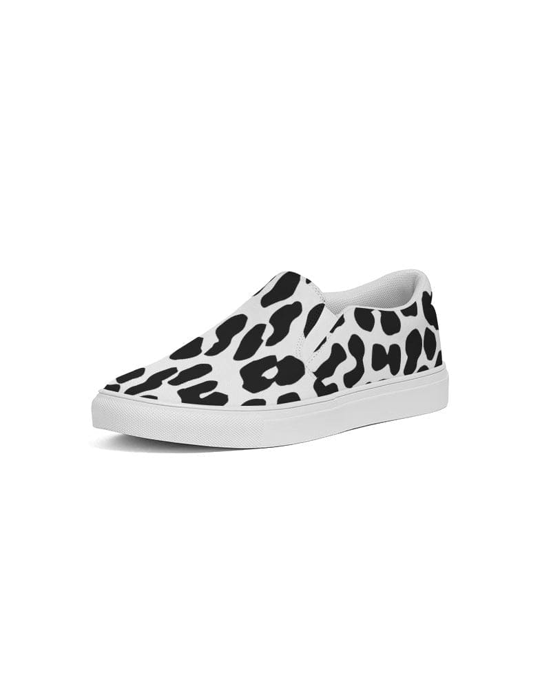 A pair of women's slip-on canvas sneakers featuring a stylish black and white leopard print design, perfect for casual wear.