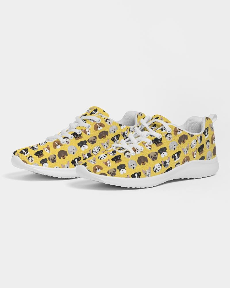 A pair of Women's Yellow Doggie Love Low Top Canvas Running Shoes featuring a vibrant yellow color with a playful dog pattern, designed for comfort and style.