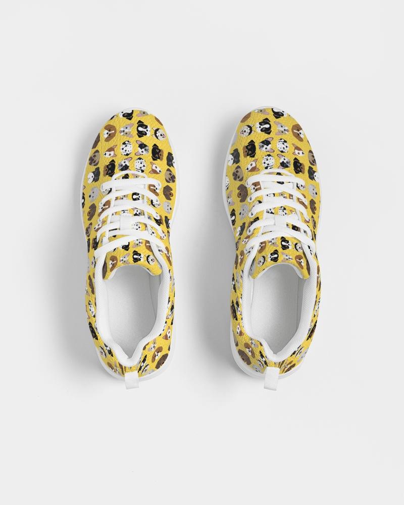 A pair of Women's Yellow Doggie Love Low Top Canvas Running Shoes featuring a vibrant yellow color with a playful dog pattern, designed for comfort and style.