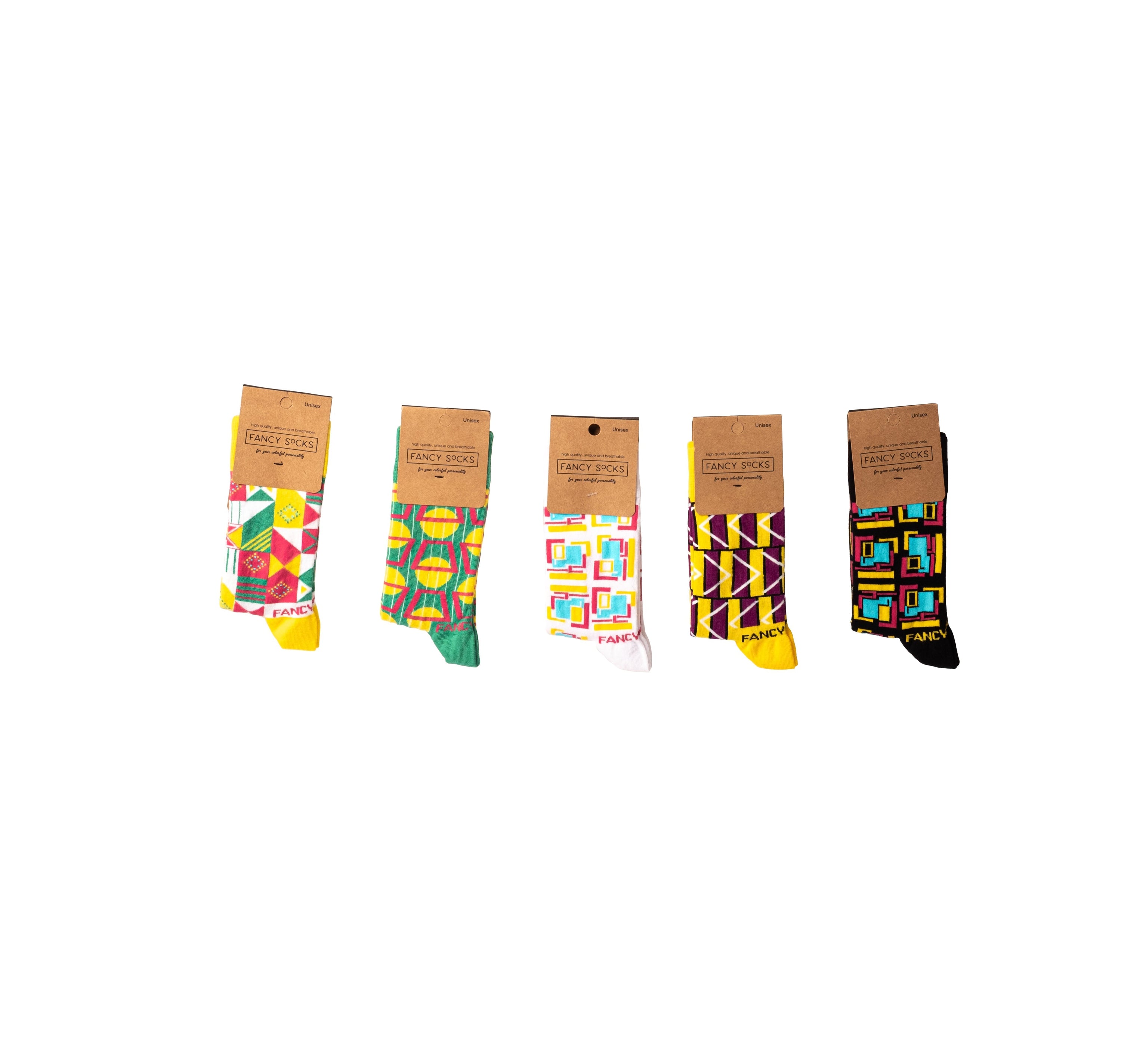 A pair of stylish black and green geometric socks displayed together, showcasing their unique design and vibrant colors.