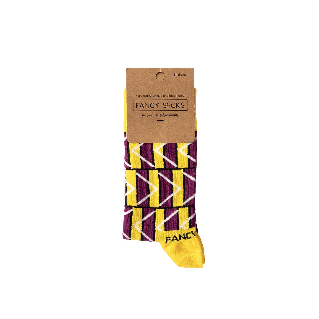 A pair of purple and white geometric socks displayed together, showcasing their stylish design and vibrant colors.