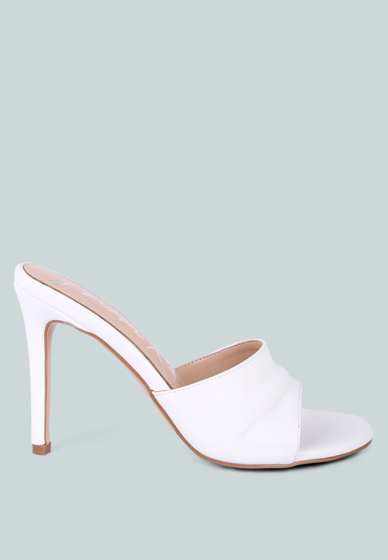 3RD DIVORCE Pleated Strap High Heeled Sandal in White, Black, and Macchiato Brown, showcasing elegant design and craftsmanship.