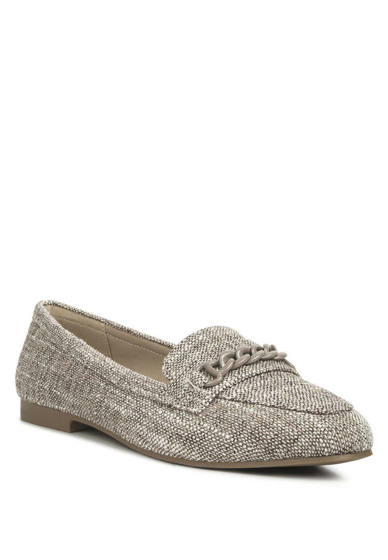 A pair of Abeera Chain Embellished Loafers showcasing a chic canvas design with chain detailing and a low heel.