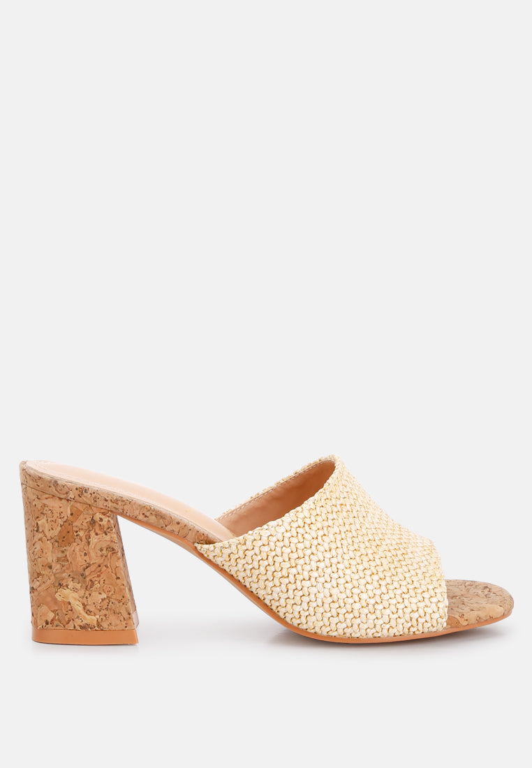 Addie Raffia Slip On Sandals featuring a stylish raffia upper, comfortable block heel, and cork texture detail, perfect for summer wear.