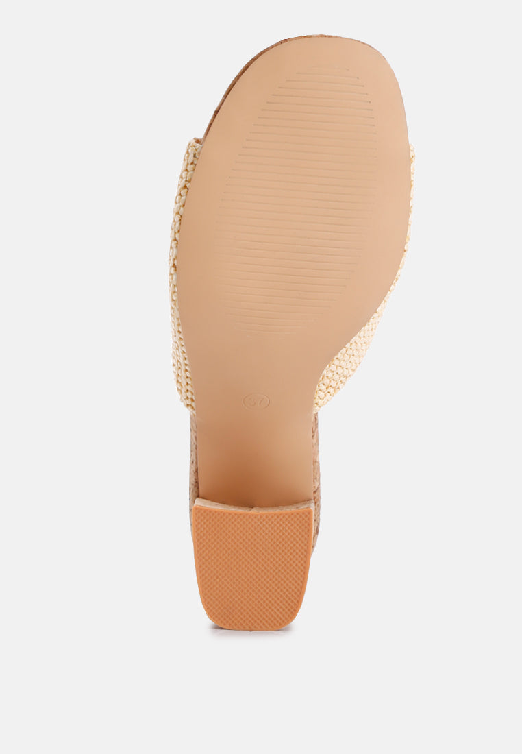 Addie Raffia Slip On Sandals featuring a stylish raffia upper, comfortable block heel, and cork texture detail, perfect for summer wear.