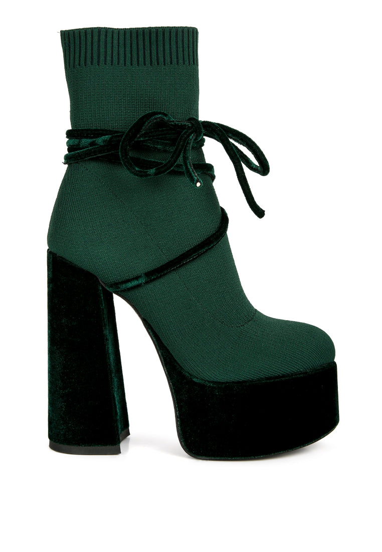 After Pay High Heel Velvet Knitted Boot featuring a chunky velvet platform heel and knitted exterior with lace-up detail.