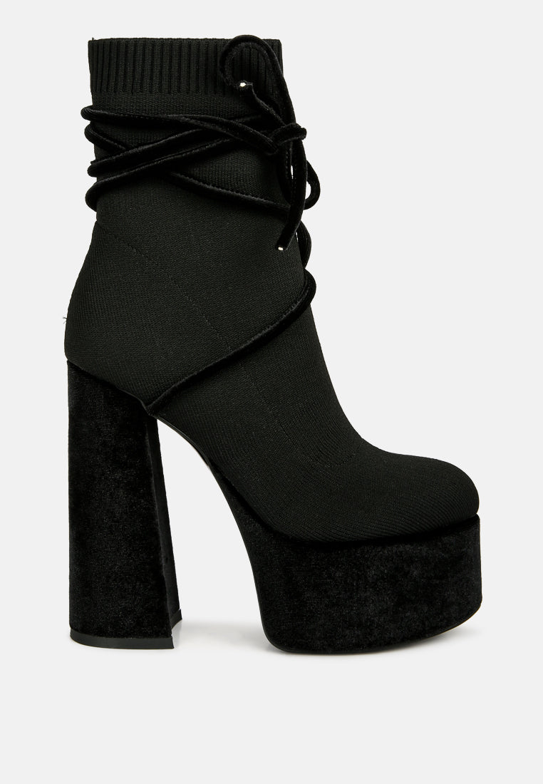 After Pay High Heel Velvet Knitted Boot featuring a chunky velvet platform heel and knitted exterior with lace-up detail.