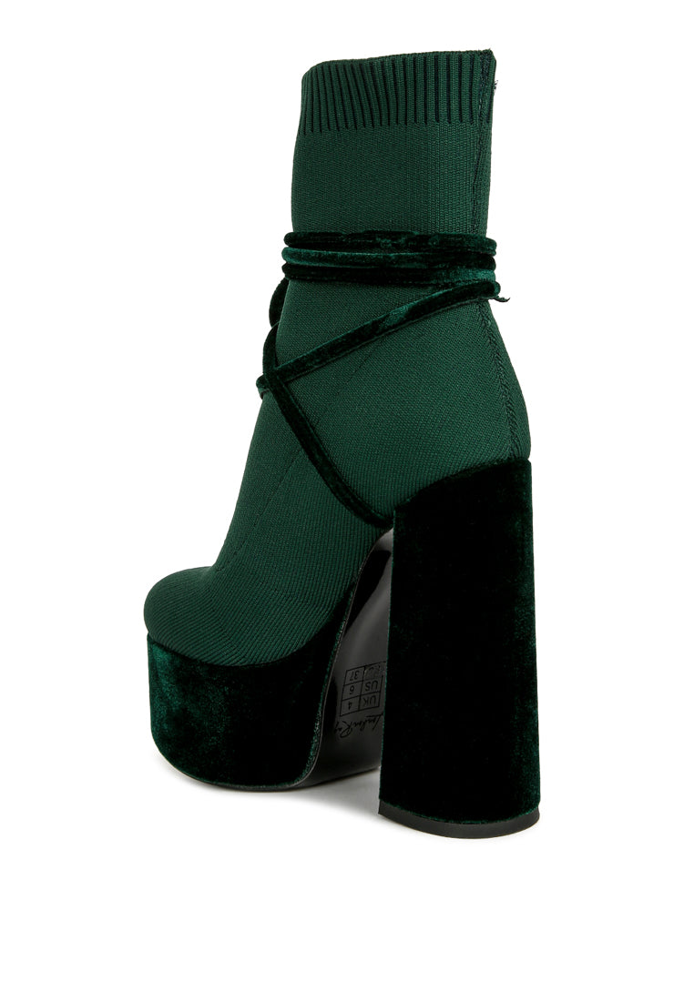 After Pay High Heel Velvet Knitted Boot featuring a chunky velvet platform heel and knitted exterior with lace-up detail.