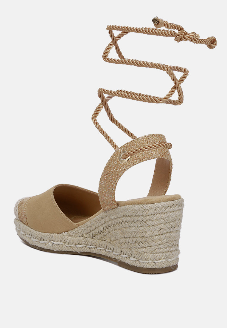 Aiden Lace-Up Crochet Espadrilles featuring micro suede and crochet materials, closed square toe, and stylish lace-up straps.