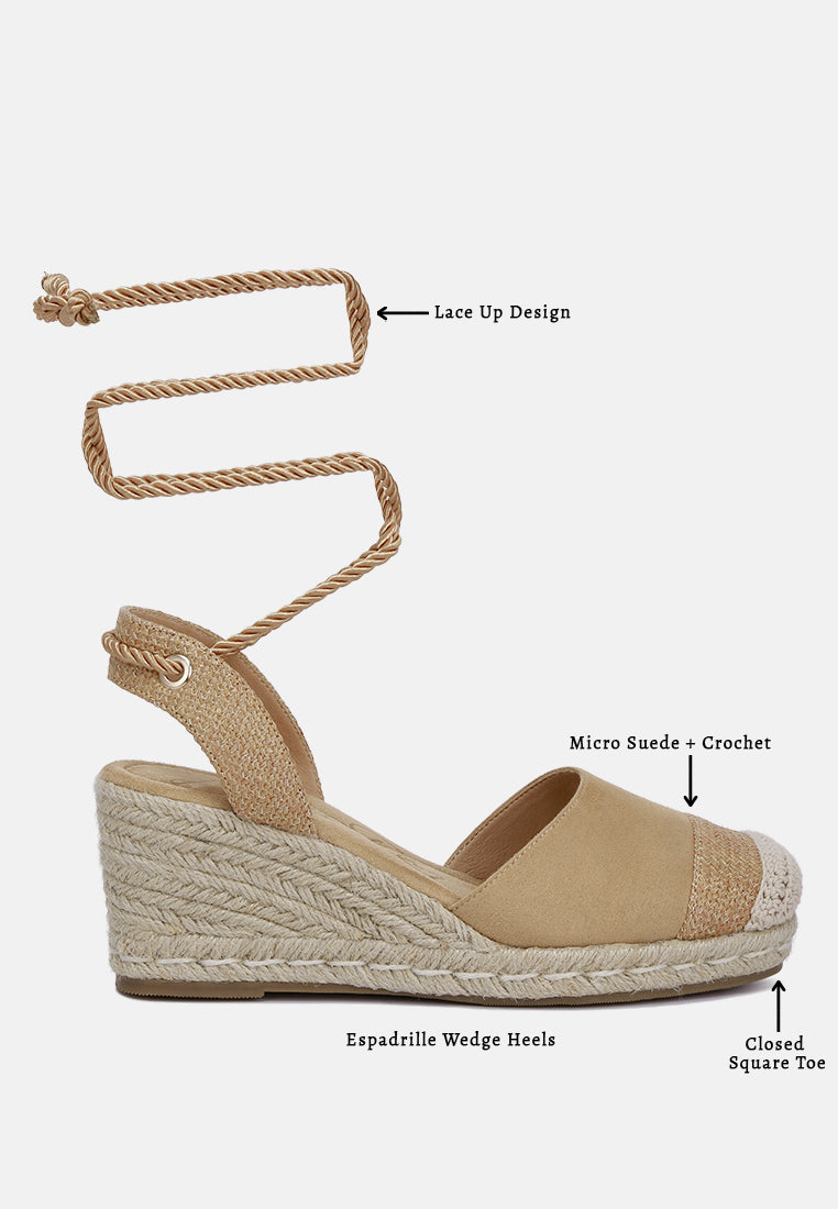 Aiden Lace-Up Crochet Espadrilles featuring micro suede and crochet materials, closed square toe, and stylish lace-up straps.