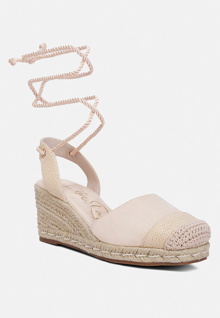 Aiden Lace-Up Crochet Espadrilles featuring micro suede and crochet materials, closed square toe, and stylish lace-up straps.