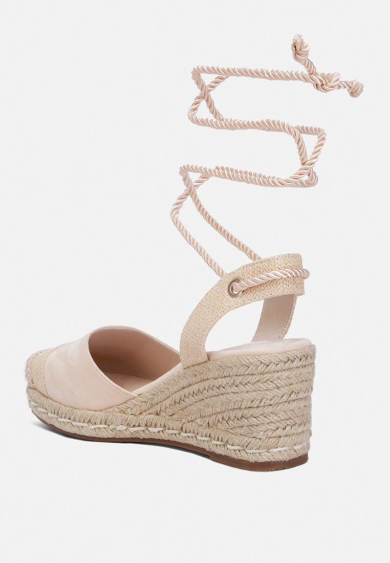 Aiden Lace-Up Crochet Espadrilles featuring micro suede and crochet materials, closed square toe, and stylish lace-up straps.