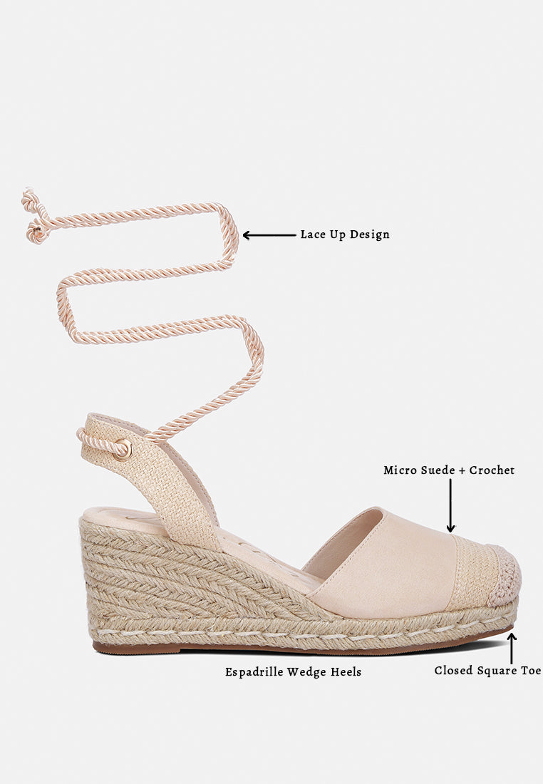 Aiden Lace-Up Crochet Espadrilles featuring micro suede and crochet materials, closed square toe, and stylish lace-up straps.