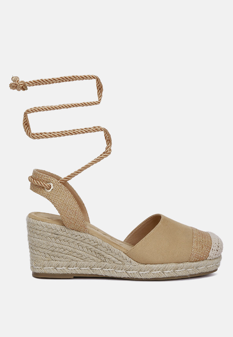 Aiden Lace-Up Crochet Espadrilles featuring micro suede and crochet materials, closed square toe, and stylish lace-up straps.